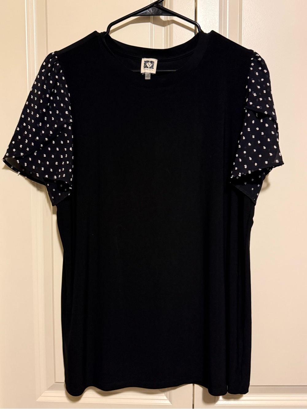 Anne Klein Black Short Sleeve Top with Dot Flutter Sleeves
